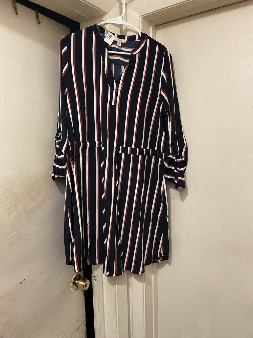 Crown & Ivy Navy Striped Roll-Tab Sleeve Dress Women’s Size XL